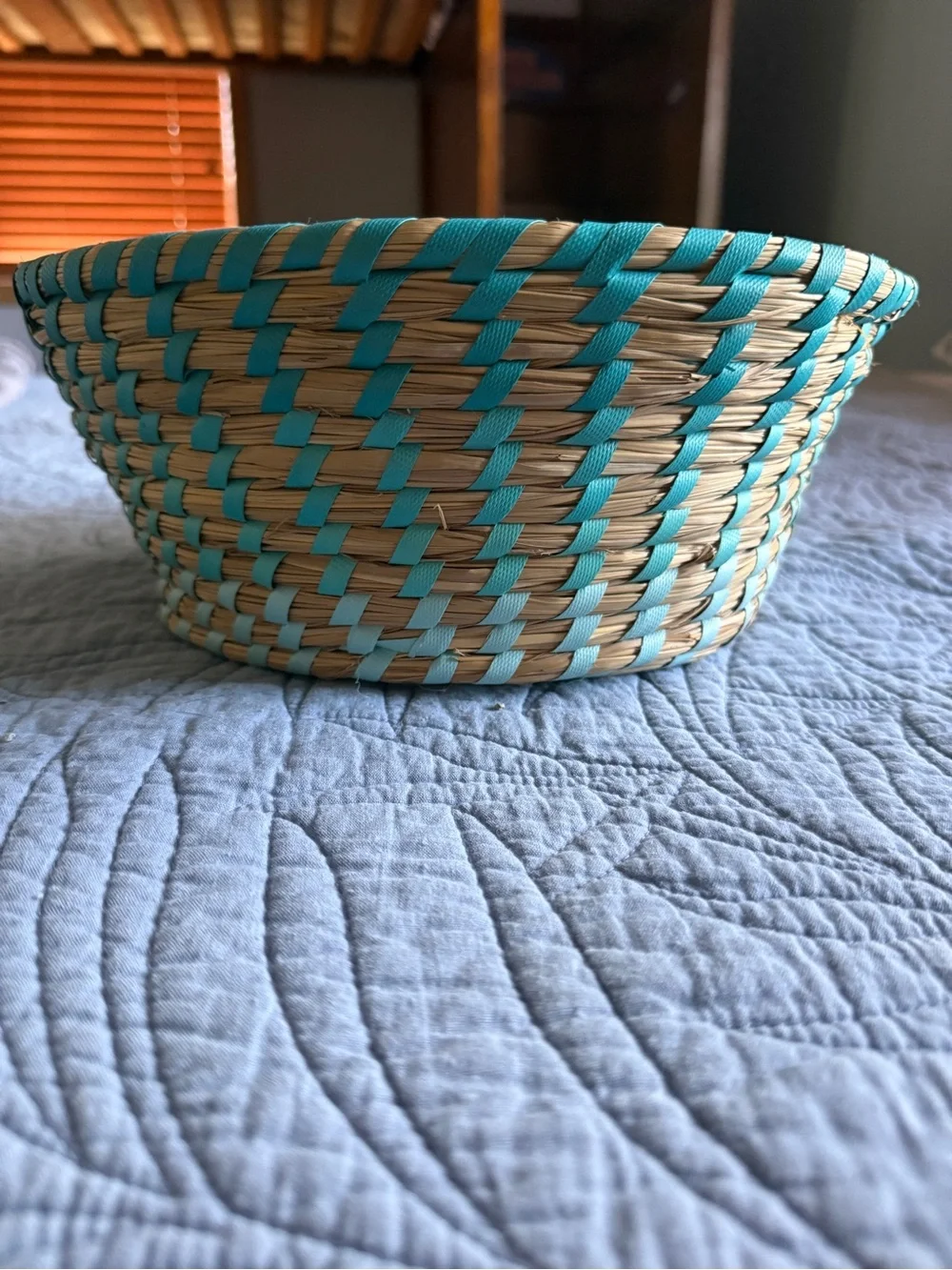 Handwoven Decorative Basket with Turquoise Accent